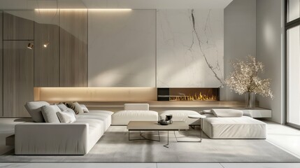 cozy living room interior, scandinavian interior with wooden table and fireplace