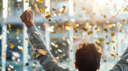 A business man celebrating success with gold confetti concept