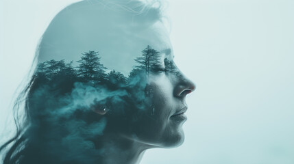 Mental health therapy concept. Woman with forest trees transposed on face with relaxed peaceful expression on her face