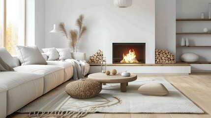 cozy living room interior, scandinavian interior with wooden table and fireplace