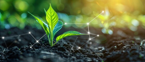  A green plant emerges from the earth against a backdrop of green, adorned with rows of dot-lined patterns