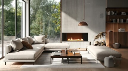 cozy living room interior, scandinavian interior with wooden table and fireplace
