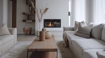 Fototapeta premium cozy living room interior, scandinavian interior with wooden table and fireplace