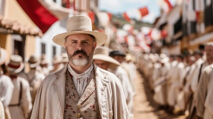 A historical re-enactment of emancipation, actors in period costumes against a backdrop of a lively town square, decorated with colorful banners and flags
