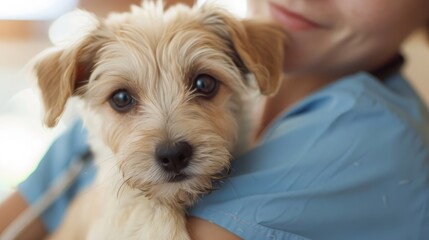 Veterinary care for a timid puppy in a clinic setting