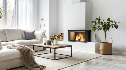 Obraz premium cozy living room interior, scandinavian interior with wooden table and fireplace