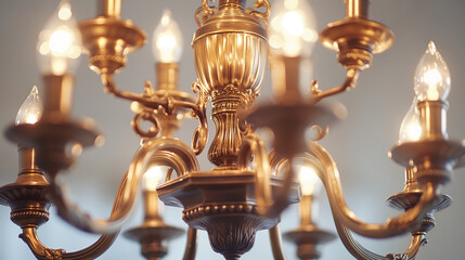 Retro antique old bronze chandelier with bulb lamps shaped candles hanging on white background