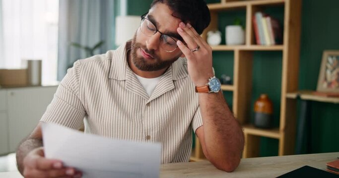 Home office, stress and man with laptop, documents and planning for project, headache and client feedback. Person, apartment and entrepreneur with paperwork for loan, rejection letter and bankruptcy