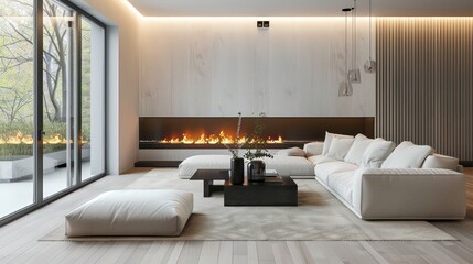 cozy living room interior, scandinavian interior with wooden table and fireplace