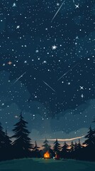 Illustration of starry night with campfire and trees