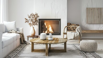 Fototapeta premium cozy living room interior, scandinavian interior with wooden table and fireplace
