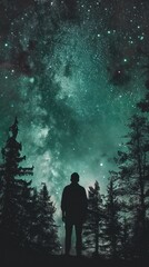 Fototapeta premium Man stands among trees, gazing at starry night sky