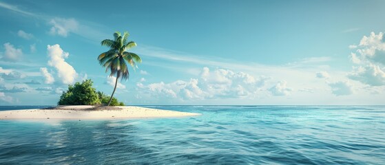  A mid-ocean island, featuring a solitary palm tree on one shore, and a minor islet on the opposite