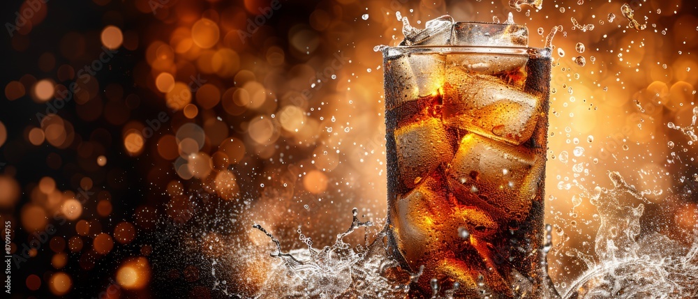 Wall mural  A glass of soda with ice on a dark background, lit by surrounding bokeh  of lights Splashes of water are visible in the