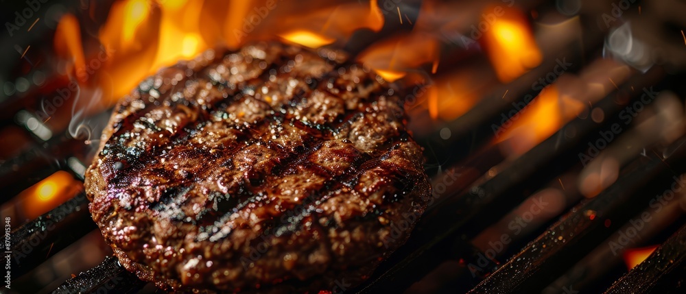 Canvas Prints  A hamburger atop a grill Nearby, hotdogs stacked on a grill