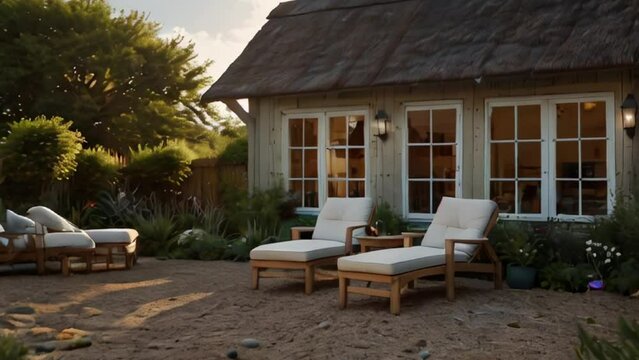 Teak Loungers with Cushions on Patio of Cottage with Thatched Roof at Sunset