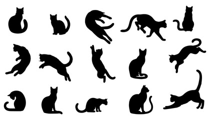 Vector illustration. Silhouettes of black cats. Set of animal stickers. Large set.	