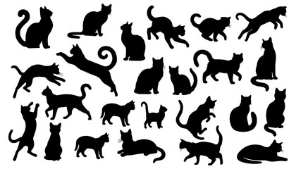 Vector illustration. Silhouettes of black cats. Set of animal stickers. Large set.	