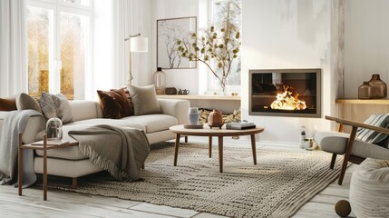 cozy living room interior, scandinavian interior with wooden table and fireplace