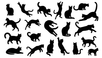 Vector illustration. Silhouettes of black cats. Set of animal stickers. Large set.	