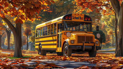 Bright yellow school bus parked on an autumn street with colorful fall foliage, perfect for back-to-school or education-themed designs