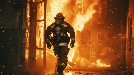 A firefighter is running through a burning building generated by AI