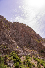 A mountain with a rocky cliff and a few trees