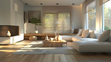 cozy living room interior, scandinavian interior with wooden table and fireplace