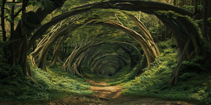 A long tunnel made of trees and vines generated by AI