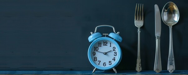 The alarm clock is blue, and a pair of spoons and knives stand on a black background