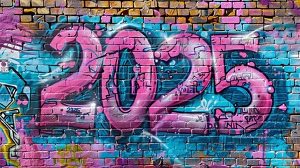 Obraz premium Colorful Urban Graffiti 2025 Mural on Brick Wall Street Art