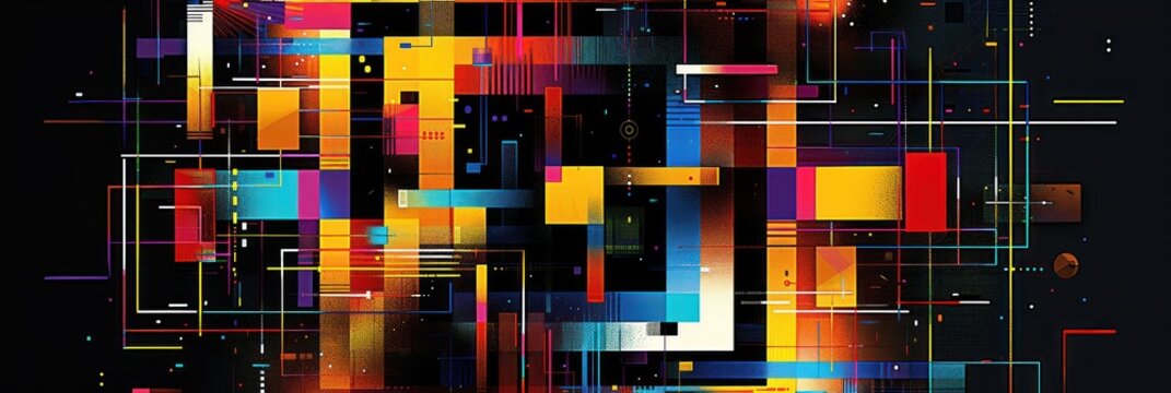 Colorful geometric abstract artwork on dark canvas