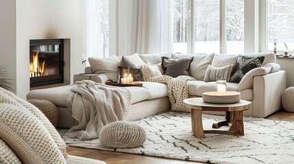 Fototapeta premium cozy living room interior, scandinavian interior with wooden table and fireplace
