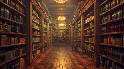 Obraz premium Old Library Corridor with Bookshelves.