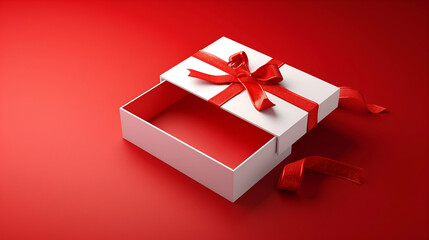 Open White Gift Box with Red Ribbon on Red Background.