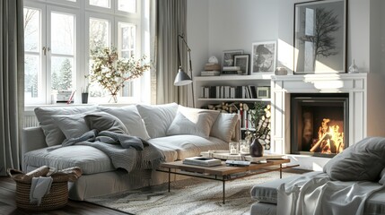 cozy living room interior, scandinavian interior with wooden table and fireplace