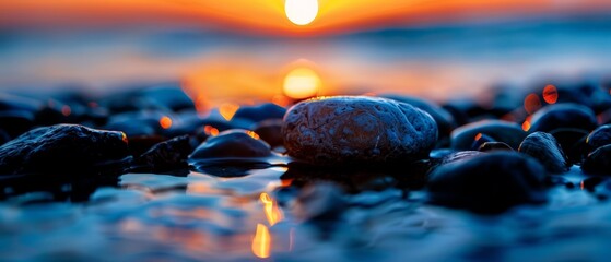  A collection of stones perched upon a sandy shore, adjacent to a body of water during sunset