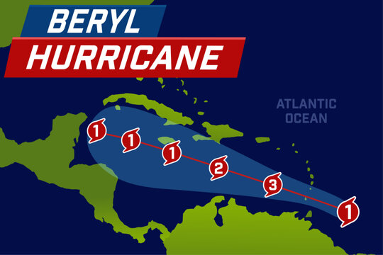 Hurricane Beryl cyclone world map of movement. Forecast and track. Vector illustration.