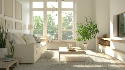 Fototapeta premium cozy living room interior, scandinavian interior with wooden table and fireplace