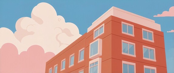 flat illustration high building with blu sky and cloud background