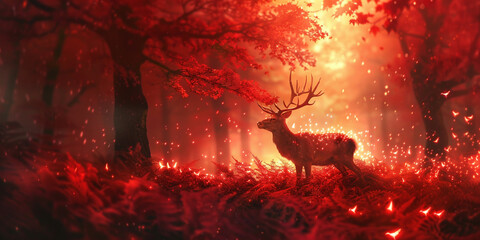 A beautiful deer in the forest, glowing red leaves on the trees, fireflies flying around it