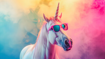 Obraz premium Unicorn With Sunglasses In A Colorful Smoke Background.