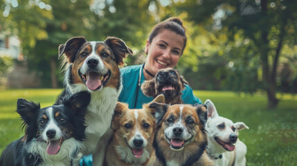 Veterinarian in park with five joyful dogs, sunny day