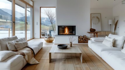 Fototapeta premium cozy living room interior, scandinavian interior with wooden table and fireplace