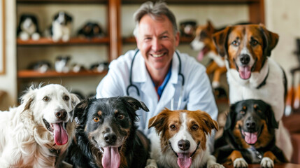 Veterinarian with five happy dogs in clinic setting