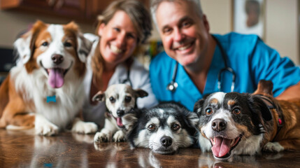 Veterinarians with five happy dogs at clinic table