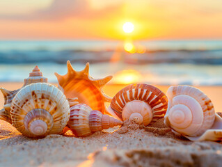 seashells beach with sand, against the background of the sea and the setting sun