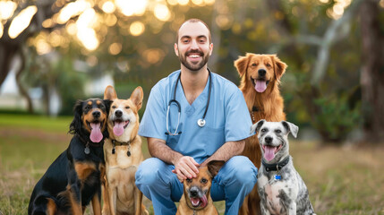 Cheerful veterinarian with five dogs in nature setting