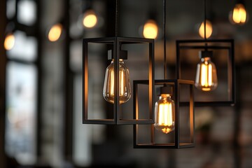 A close-up shot of modern black cube pendant lights hanging from the ceiling, illuminated by light bulbs inside and creating an atmosphere of warmth and comfort.