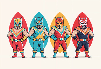a vector drawing of a cartoon luchadors wrestlers in colorful costumes are posing